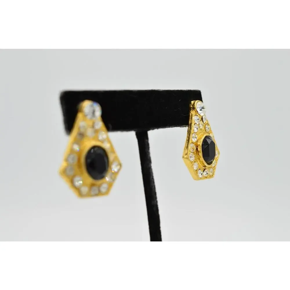 Vintage Earrings Sparkling Black Rhinestone Crystal Gold Statement NOS 1980s 9L